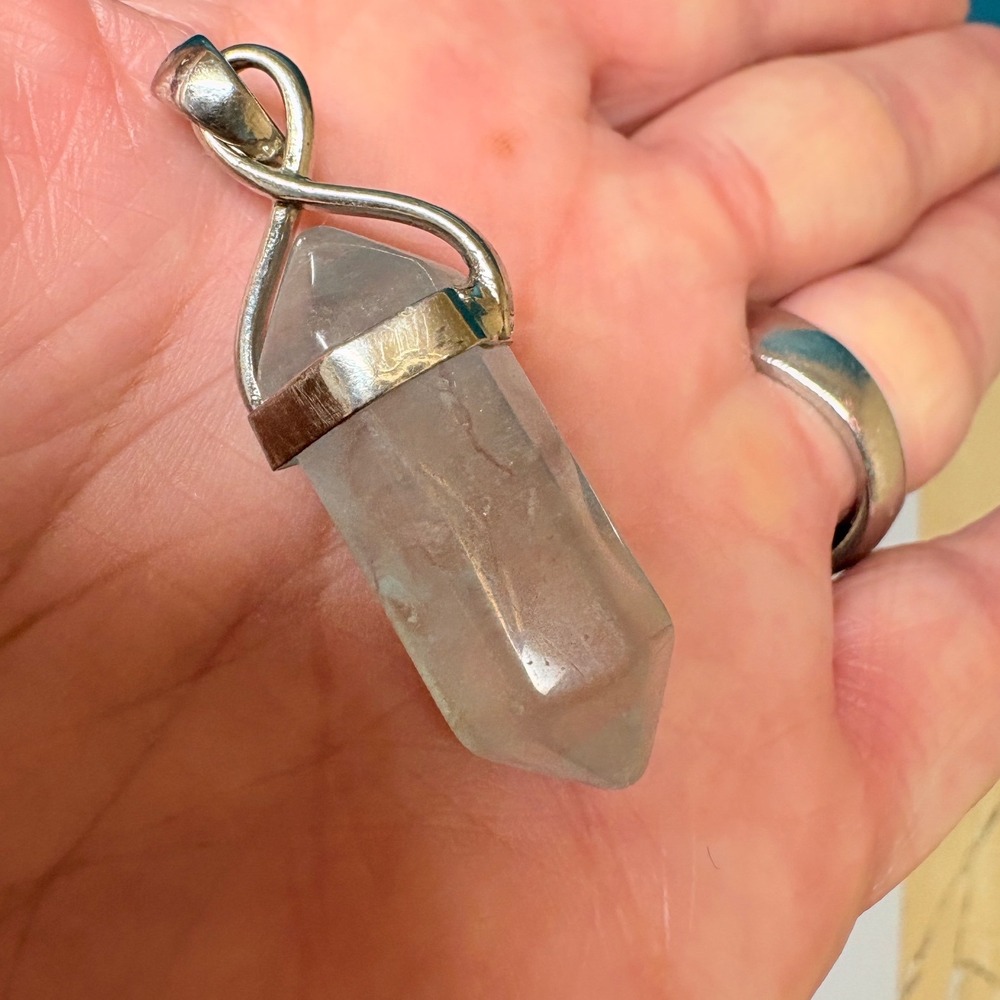 Clear Quartz Crystal Point Pendant Silver Tone Infinity Twist Bail